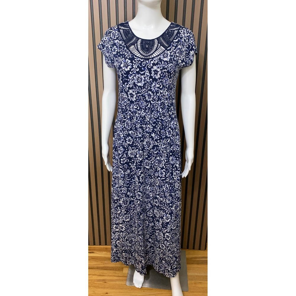 Lands End Navy Blue Floral Maxi Dress Crochet Neckline Short Sleeve Size S 6-8